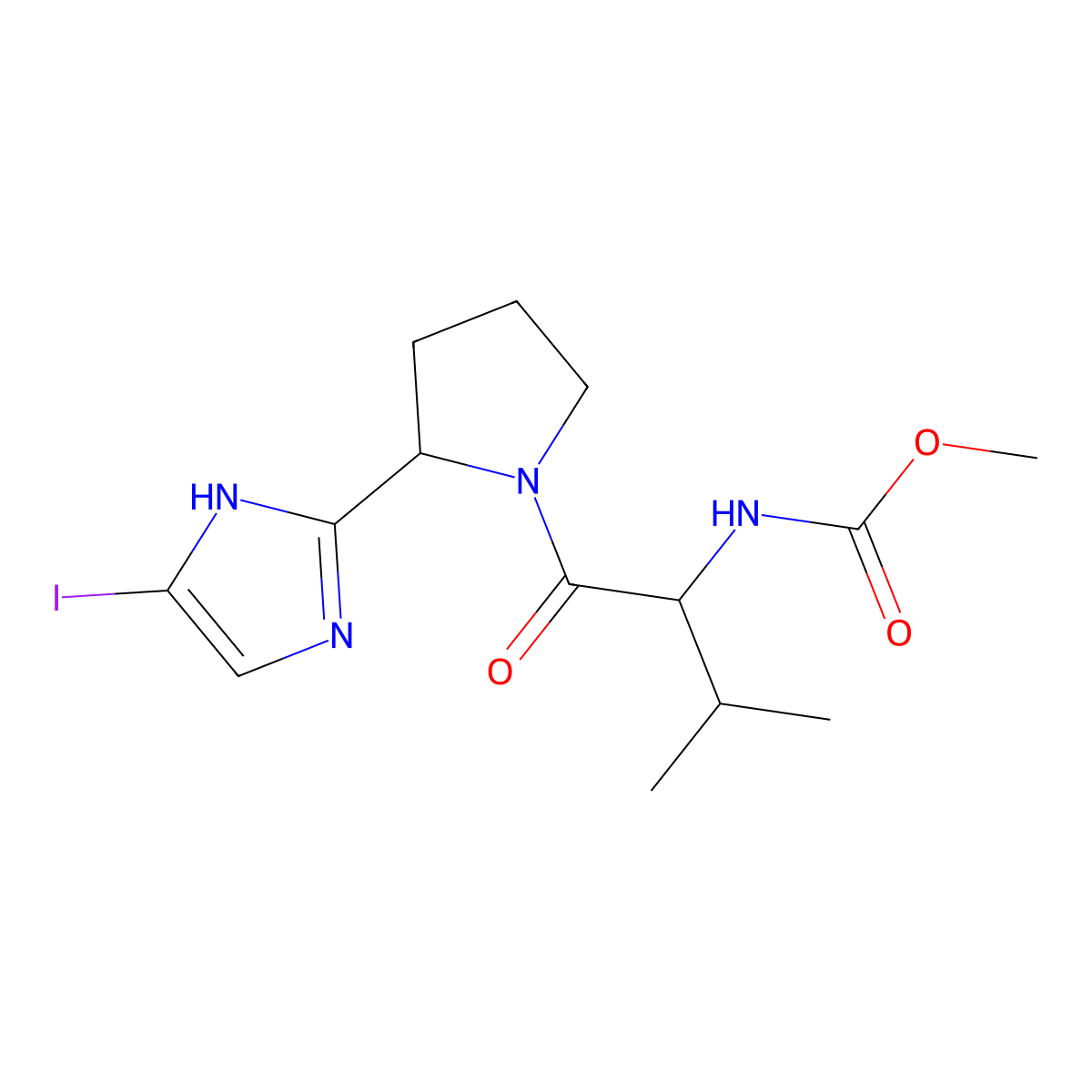 Methyl N-[(1S)-1-[(2S)-2-(5-iodo-1H-imidazol-2-yl)pyrrolidine-1-carbonyl]-2-methyl-propyl]carbamate molecular structure, CAS 1303533-83-6