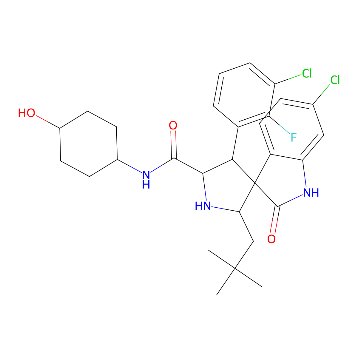 (2'S,3R,4'S,5'R)-6-Chloro-4'-(3-chloro-2-fluorophenyl)-2'-(2,2-dimethylpropyl)-N-(trans-4-hydroxycyclohexyl)-2-oxo-1,2-dihydrospiro(indole-3,3'-pyrrolidine)-5'-carboxamide molecular structure, CAS 1303607-60-4