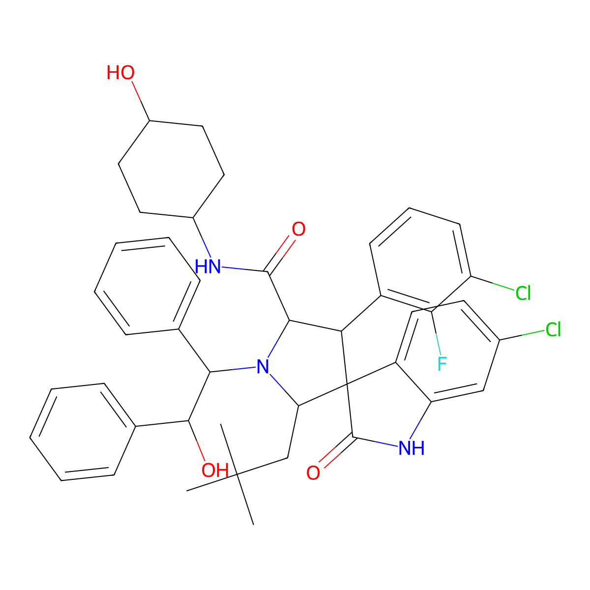 Spiro[3H-indole-3,3'-pyrrolidine]-5'-carboxamide, 6-chloro-4'-(3-chloro-2-fluorophenyl)-2'-(2,2-dimethylpropyl)-1,2-dihydro-N-(trans-4-hydroxycyclohexyl)-1'-[(1R,2S)-2-hydroxy-1,2-diphenylethyl]-2-oxo-, (2'R,3S,4'S,5'R)- molecular structure, CAS 1303609-36-0