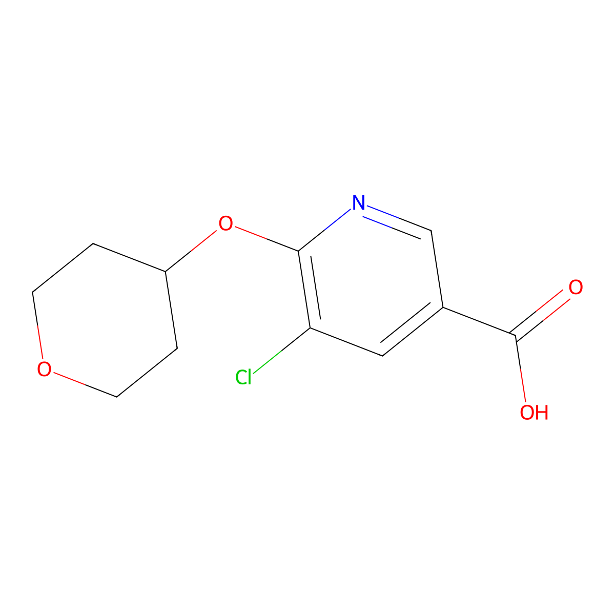 5-Chloro-6-(oxan-4-yloxy)pyridine-3-carboxylic acid molecular structure, CAS 1303708-85-1