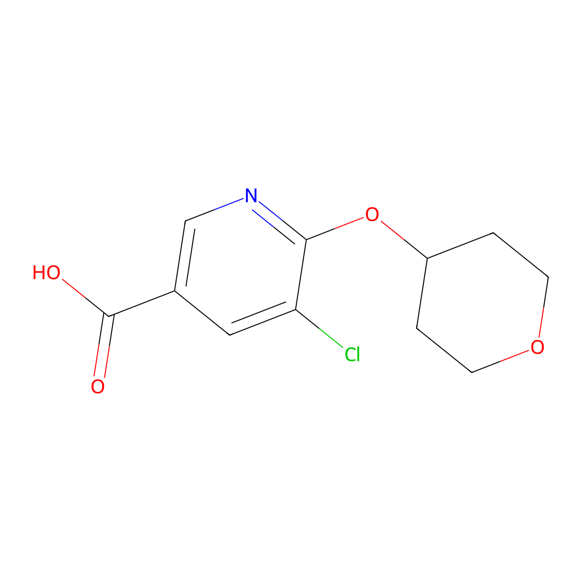 5-Chloro-6-(oxan-4-yloxy)pyridine-3-carboxylic acid molecular structure, CAS 1303708-85-1