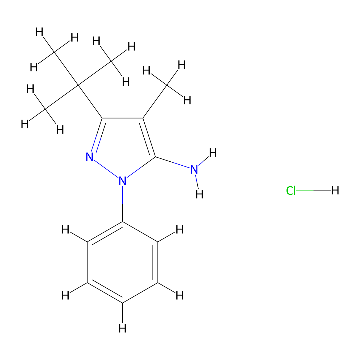 3-tert-butyl-4-methyl-1-phenyl-1H-pyrazol-5-amine hydrochloride molecular structure, CAS 1303889-63-5