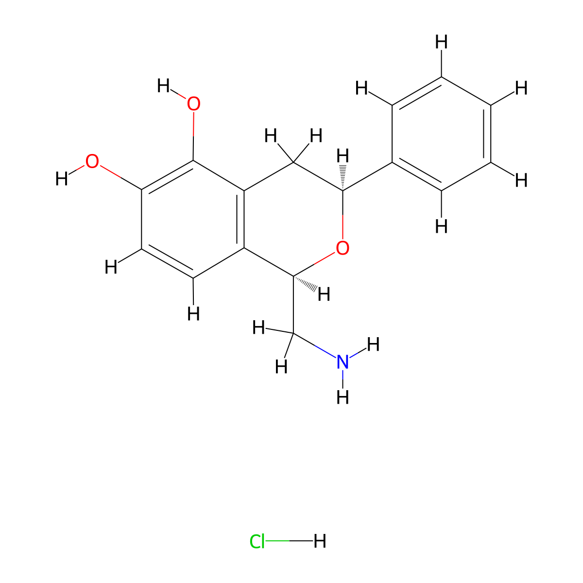 cis-1-(Aminomethyl)-3-phenylisochroman-5,6-diol hydrochloride molecular structure, CAS 130465-39-3