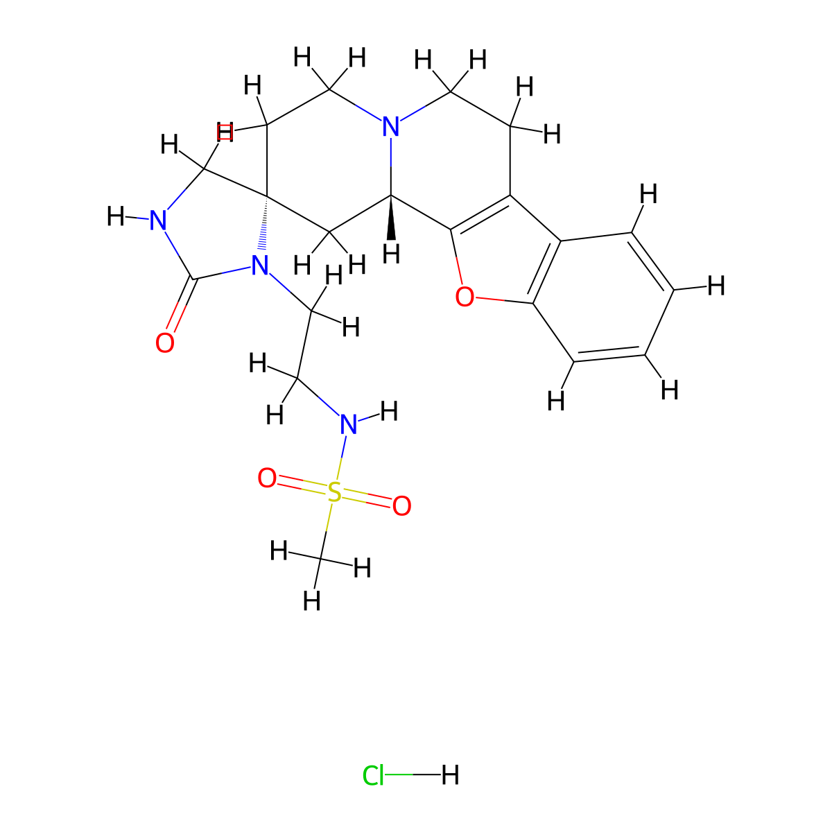 Methanesulfonamide, N-(2-((2R,12bs)-1,3,4,6,7,12b-hexahydro-2'-oxospiro(2H-benzofuro(2,3-a)quinolizine-2,4'-imidazolidin)-3'-yl)ethyl)-, hydrochloride (1:1) molecular structure, CAS 130466-38-5