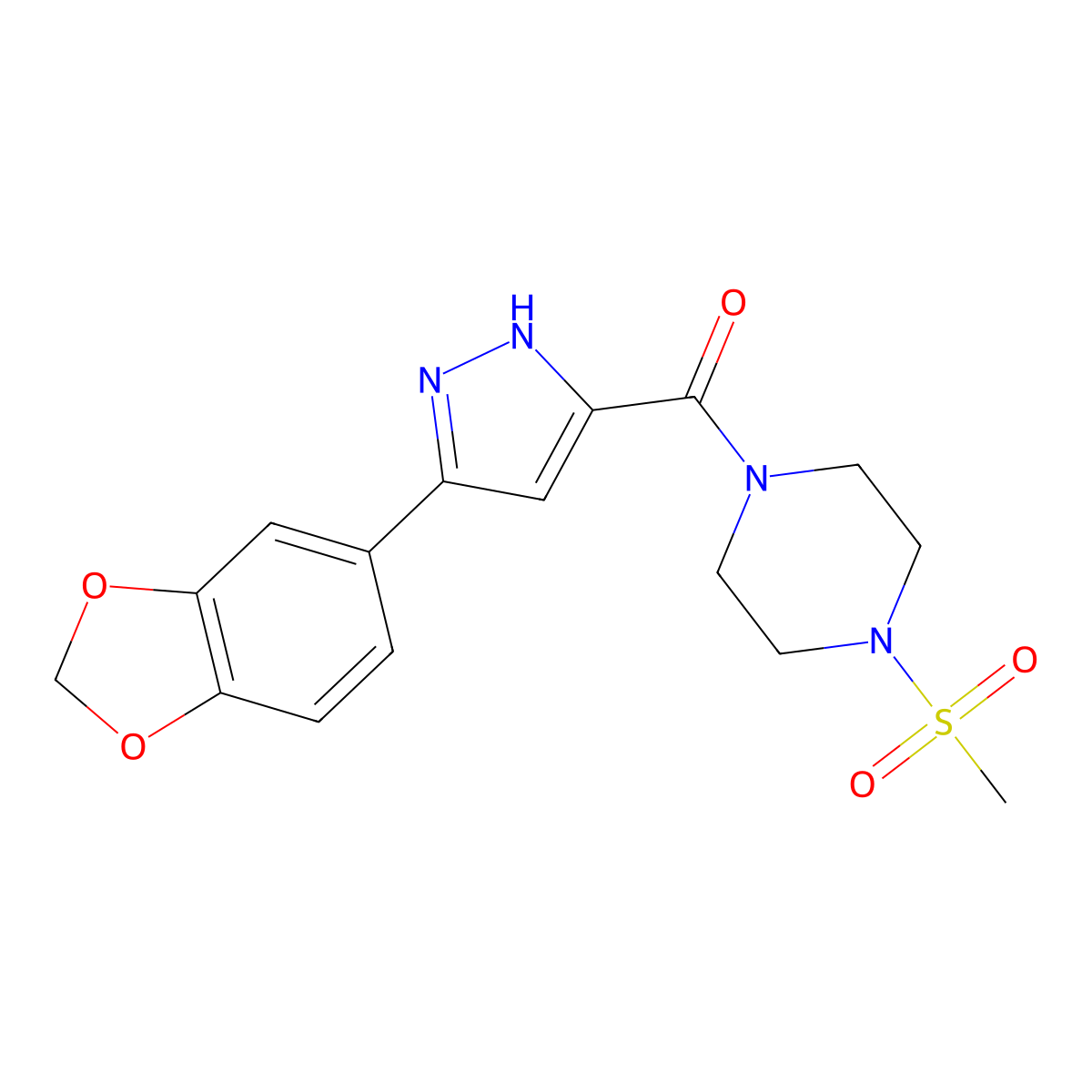 (5-(benzo[d][1,3]dioxol-5-yl)-1H-pyrazol-3-yl)(4-(methylsulfonyl)piperazin-1-yl)methanone molecular structure, CAS 1305259-68-0