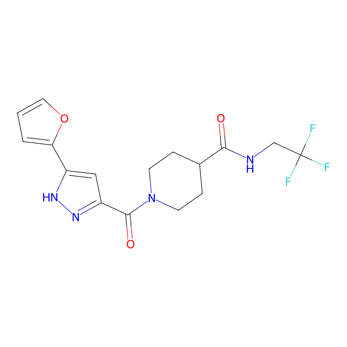 1-[3-(furan-2-yl)-1H-pyrazole-5-carbonyl]-N-(2,2,2-trifluoroethyl)piperidine-4-carboxamide molecular structure, CAS 1305259-98-6