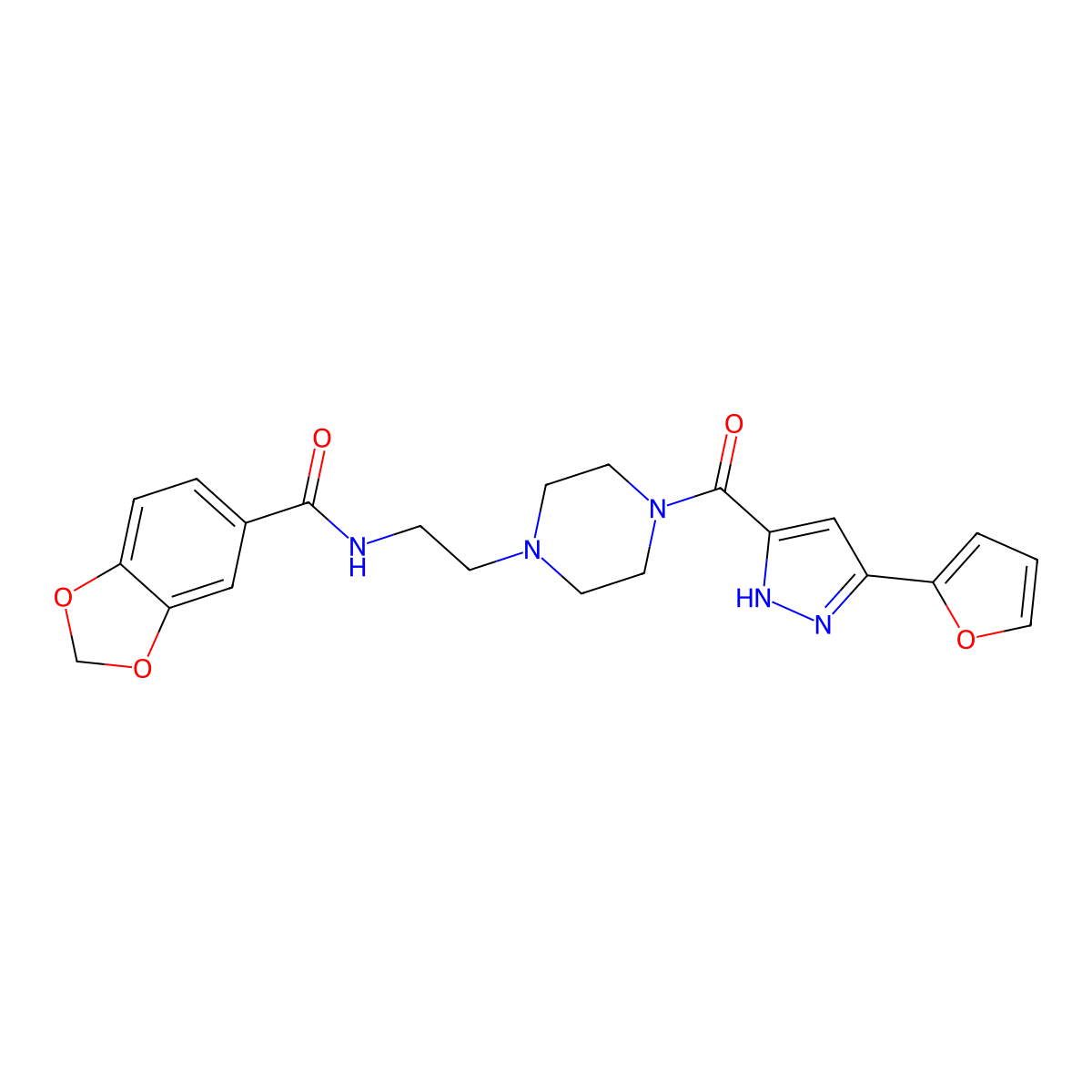 N-(2-(4-(3-(furan-2-yl)-1H-pyrazole-5-carbonyl)piperazin-1-yl)ethyl)benzo[d][1,3]dioxole-5-carboxamide molecular structure, CAS 1305260-11-0
