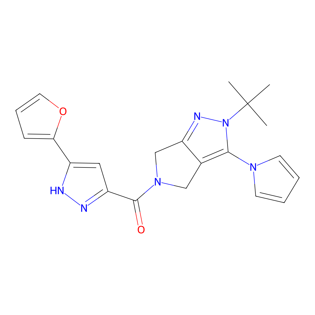 (2-(tert-butyl)-3-(1H-pyrrol-1-yl)pyrrolo[3,4-c]pyrazol-5(2H,4H,6H)-yl)(3-(furan-2-yl)-1H-pyrazol-5-yl)methanone molecular structure, CAS 1305260-20-1