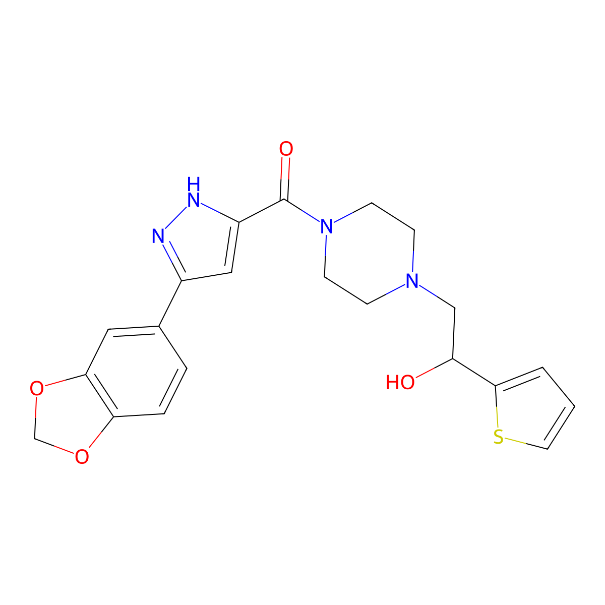 (3-(benzo[d][1,3]dioxol-5-yl)-1H-pyrazol-5-yl)(4-(2-hydroxy-2-(thiophen-2-yl)ethyl)piperazin-1-yl)methanone molecular structure, CAS 1305260-33-6