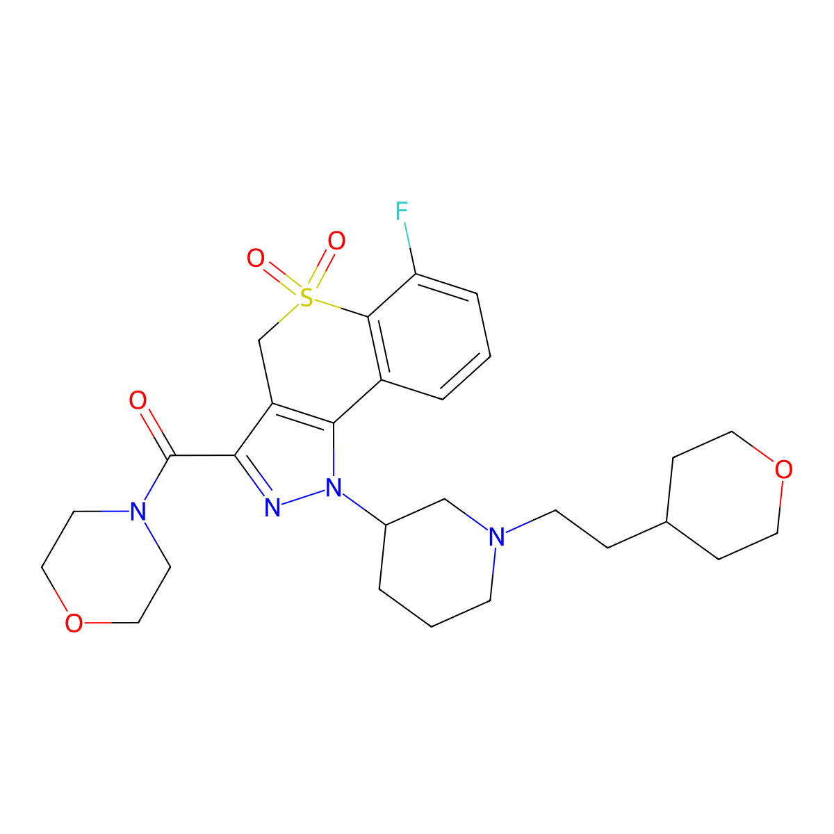 6-fluoro-3-(morpholine-4-carbonyl)-1-[(3R)-1-[2-(oxan-4-yl)ethyl]piperidin-3-yl]-1H,4H-5lambda6-thiochromeno[4,3-c]pyrazole-5,5-dione molecular structure, CAS 1305273-93-1