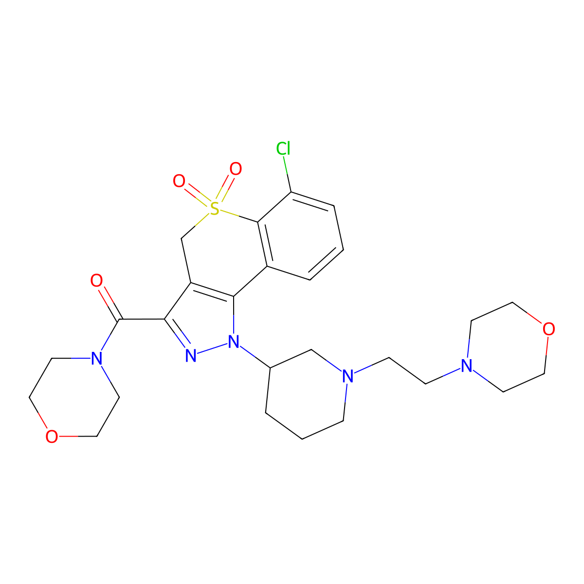 6-chloro-1-[(3R)-1-[2-(morpholin-4-yl)ethyl]piperidin-3-yl]-3-(morpholine-4-carbonyl)-1H,4H-5lambda6-thiochromeno[4,3-c]pyrazole-5,5-dione molecular structure, CAS 1305274-23-0