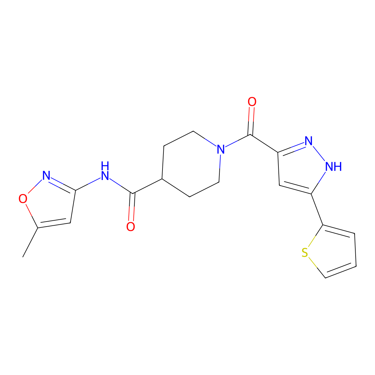 N-(5-methylisoxazol-3-yl)-1-(3-(thiophen-2-yl)-1H-pyrazole-5-carbonyl)piperidine-4-carboxamide molecular structure, CAS 1305281-48-4