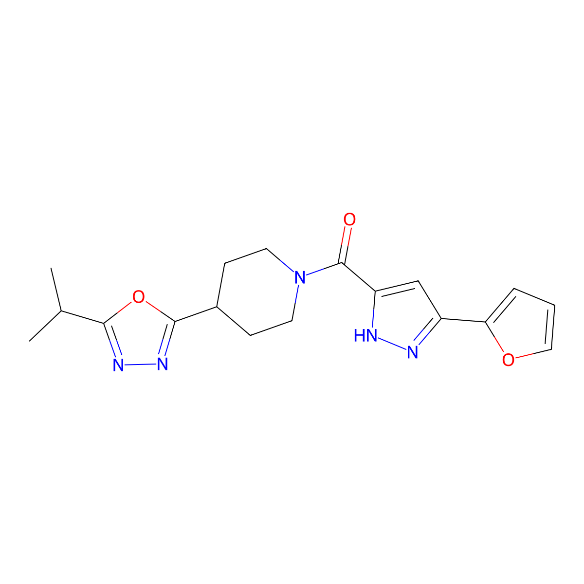 (3-(furan-2-yl)-1H-pyrazol-5-yl)(4-(5-isopropyl-1,3,4-oxadiazol-2-yl)piperidin-1-yl)methanone molecular structure, CAS 1305321-44-1