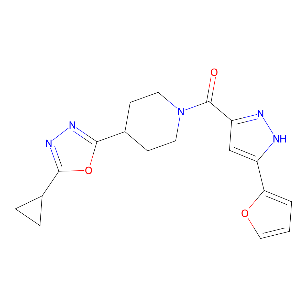 (4-(5-cyclopropyl-1,3,4-oxadiazol-2-yl)piperidin-1-yl)(3-(furan-2-yl)-1H-pyrazol-5-yl)methanone molecular structure, CAS 1305342-06-6