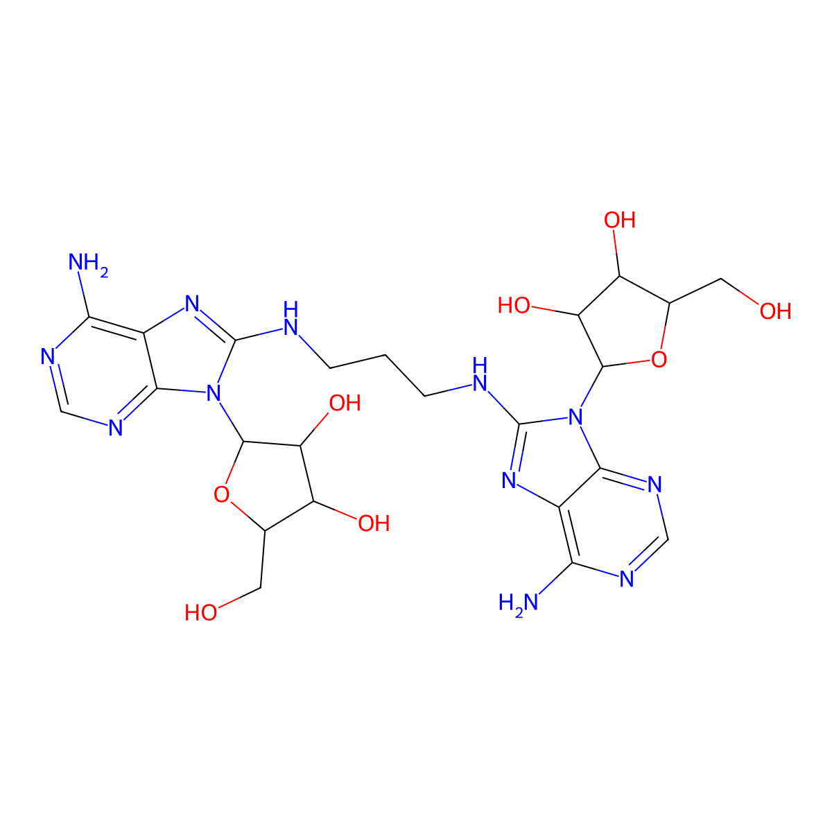 (2R,3R,4S,5R)-2-[6-amino-8-[3-[[6-amino-9-[(2R,3R,4S,5R)-3,4-dihydroxy-5-(hydroxymethyl)oxolan-2-yl]purin-8-yl]amino]propylamino]purin-9-yl]-5-(hydroxymethyl)oxolane-3,4-diol molecular structure, CAS 130543-35-0