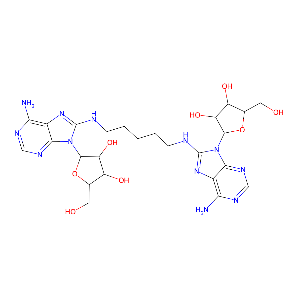 (2R,3R,4S,5R)-2-[6-amino-8-[5-[[6-amino-9-[(2R,3R,4S,5R)-3,4-dihydroxy-5-(hydroxymethyl)oxolan-2-yl]purin-8-yl]amino]pentylamino]purin-9-yl]-5-(hydroxymethyl)oxolane-3,4-diol molecular structure, CAS 130543-38-3