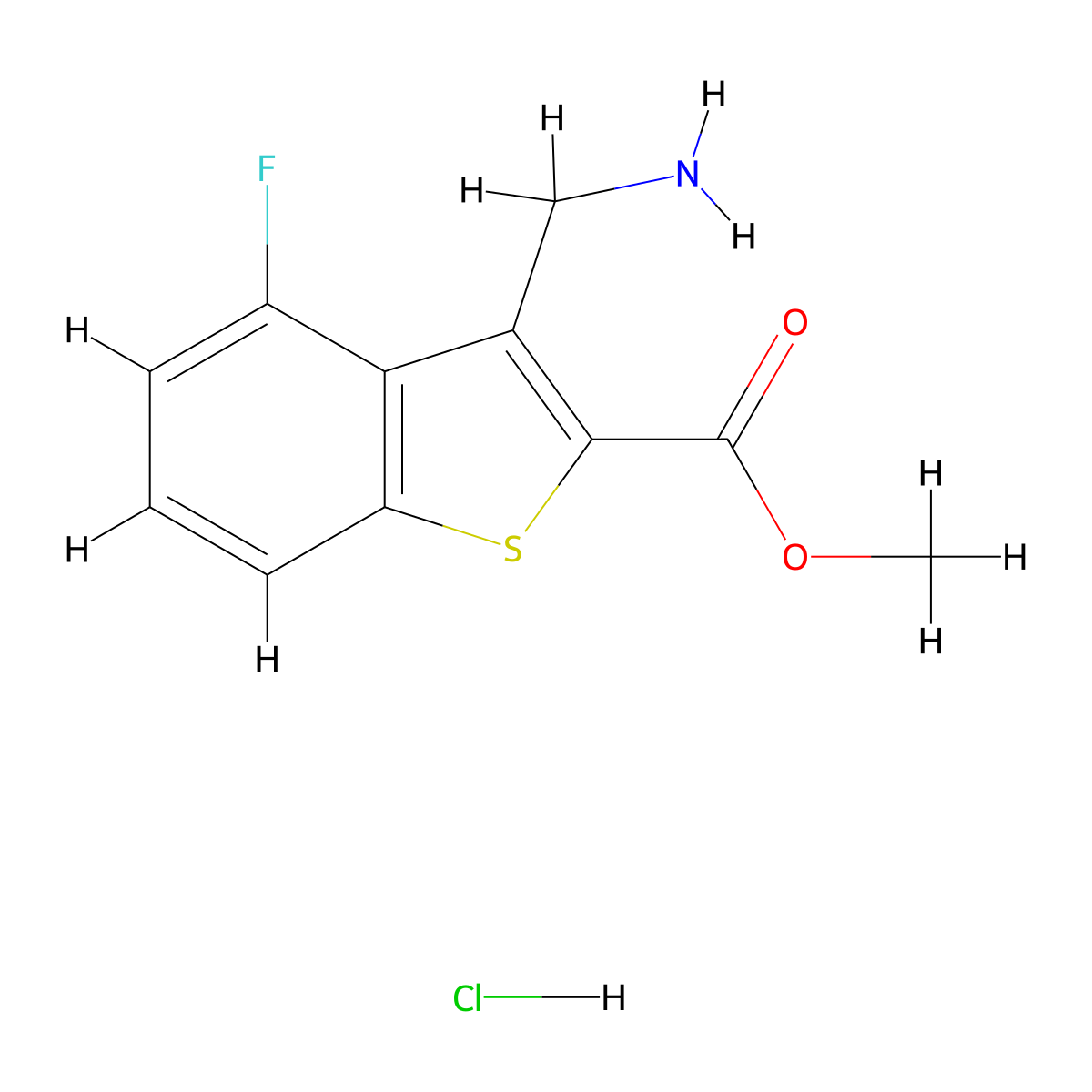 Methyl 3-(aminomethyl)-4-fluoro-1-benzothiophene-2-carboxylate hydrochloride molecular structure, CAS 1305711-69-6