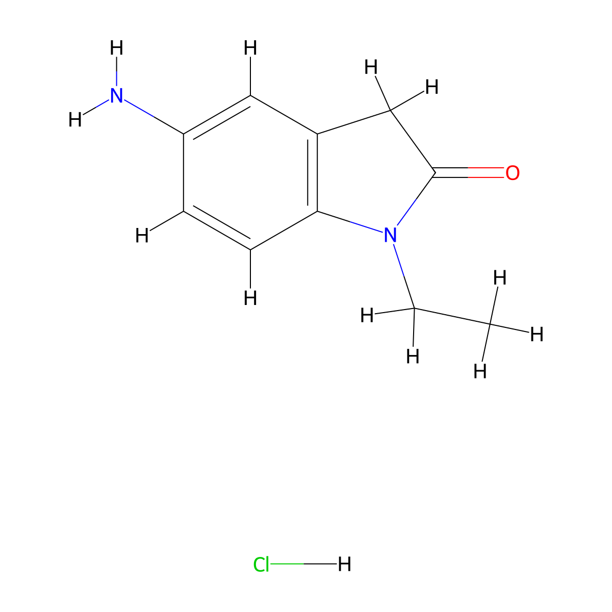 5-amino-1-ethyl-2,3-dihydro-1H-indol-2-one hydrochloride molecular structure, CAS 1305712-42-8