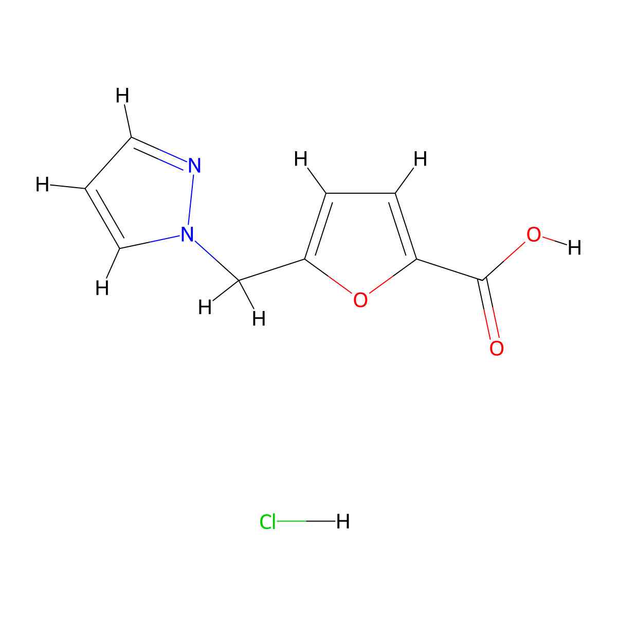 5-(1H-pyrazol-1-ylmethyl)furan-2-carboxylic acid hydrochloride molecular structure, CAS 1305712-62-2