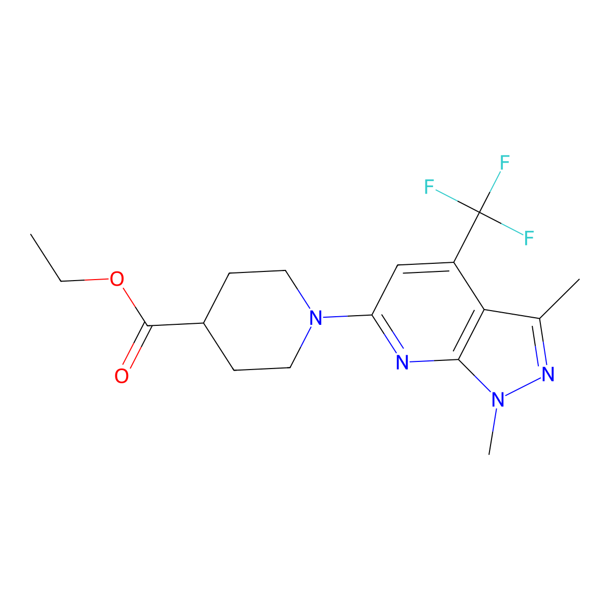 Ethyl 1-[1,3-dimethyl-4-(trifluoromethyl)-1H-pyrazolo[3,4-b]pyridin-6-yl]piperidine-4-carboxylate molecular structure, CAS 1305712-96-2