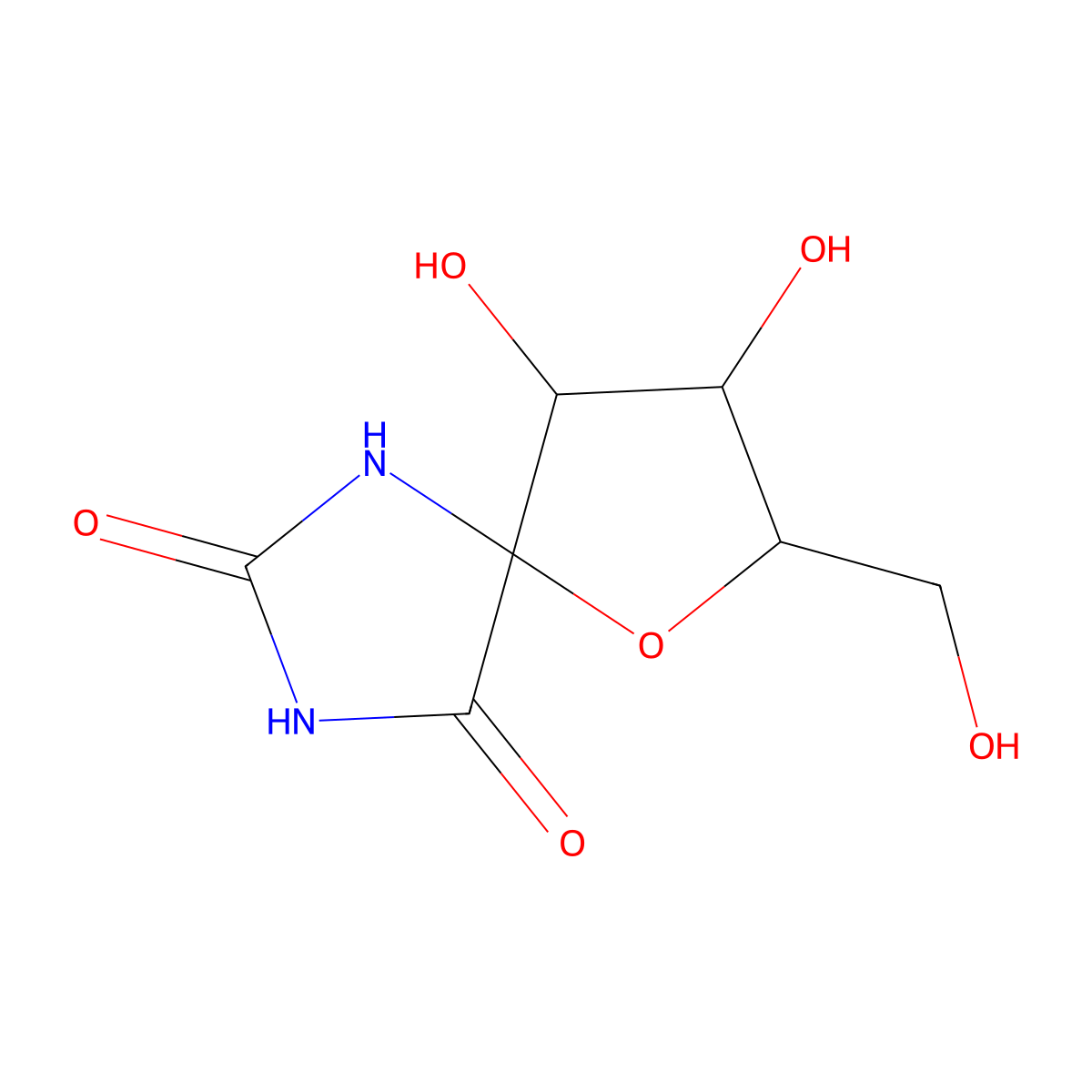 (5S,7R,8S,9R)-8,9-Dihydroxy-7-(hydroxymethyl)-6-oxa-1,3-diazaspiro(4.4)nonane-2,4-dione molecular structure, CAS 130607-26-0