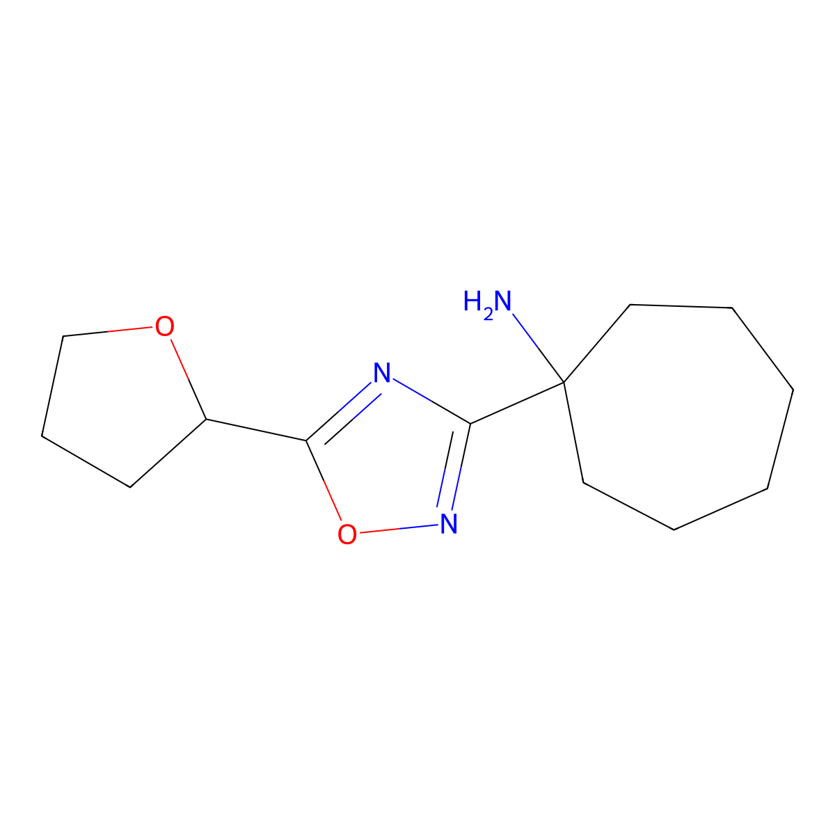 1-[5-(Oxolan-2-yl)-1,2,4-oxadiazol-3-yl]cycloheptan-1-amine molecular structure, CAS 1306515-46-7