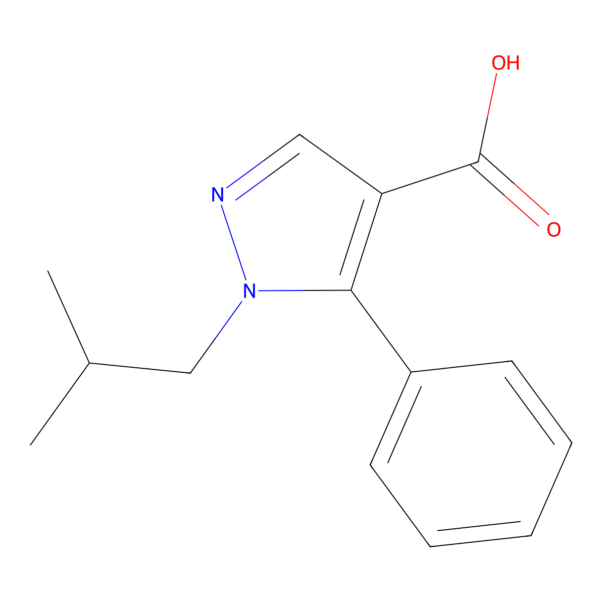 1-(2-methylpropyl)-5-phenyl-1H-pyrazole-4-carboxylic acid molecular structure, CAS 1306678-23-8