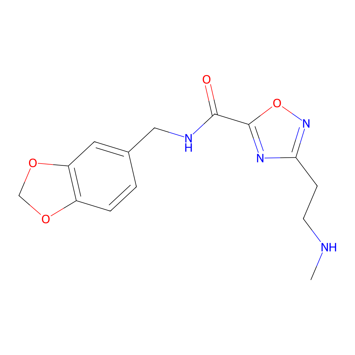 N-(Benzo[d][1,3]dioxol-5-ylmethyl)-3-(2-(methylamino)ethyl)-1,2,4-oxadiazole-5-carboxamide molecular structure, CAS 1306738-37-3