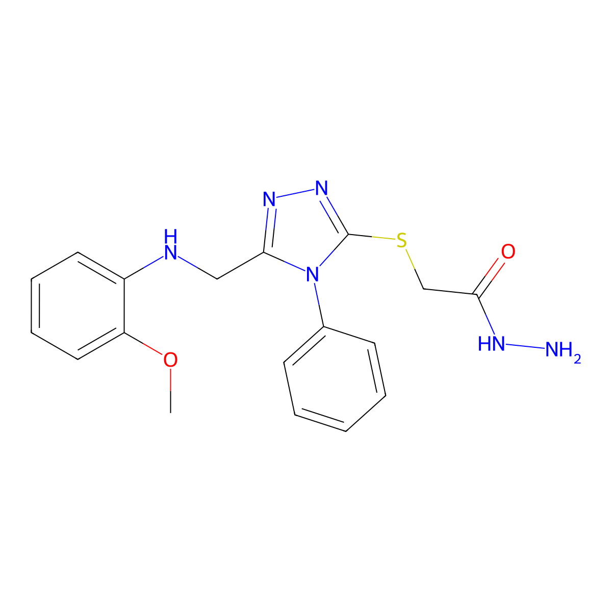 2-[(5-{[(2-methoxyphenyl)amino]methyl}-4-phenyl-4H-1,2,4-triazol-3-yl)thio]acetohydrazide molecular structure, CAS 1306738-51-1
