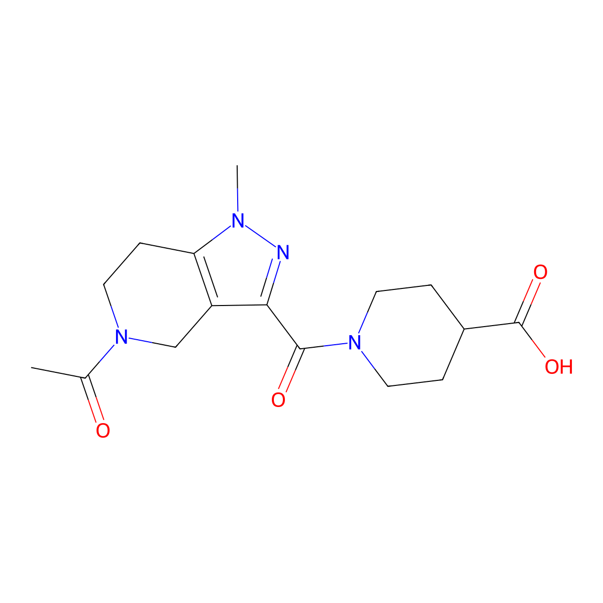 1-[(5-acetyl-1-methyl-4,5,6,7-tetrahydro-1H-pyrazolo[4,3-c]pyridin-3-yl)carbonyl]piperidine-4-carboxylic acid molecular structure, CAS 1306738-60-2