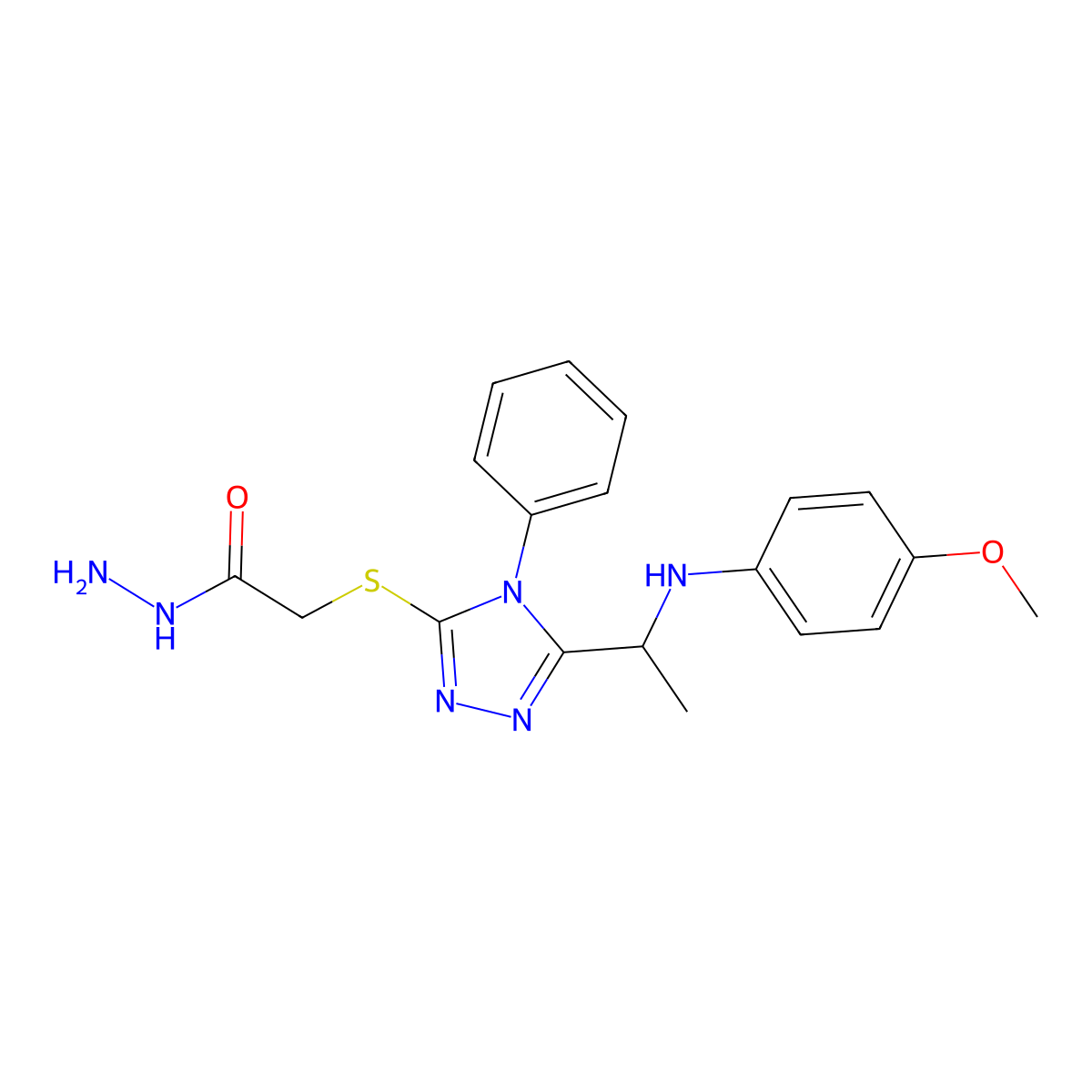 2-[(5-{1-[(4-methoxyphenyl)amino]ethyl}-4-phenyl-4H-1,2,4-triazol-3-yl)thio]acetohydrazide molecular structure, CAS 1306739-37-6