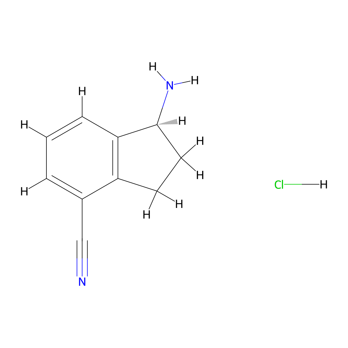 1H-Indene-4-carbonitrile, 1-amino-2,3-dihydro-, hydrochloride (1:1), (1S)- molecular structure, CAS 1306763-57-4