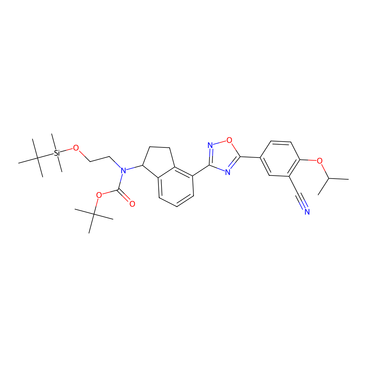 (S)-tert-Butyl (2-((tert-butyldimethylsilyl)oxy)ethyl)(4-(5-(3-cyano-4-isopropoxyphenyl)-1,2,4-oxadiazol-3-yl)-2,3-dihydro-1H-inden-1-yl)carbamate molecular structure, CAS 1306763-63-2