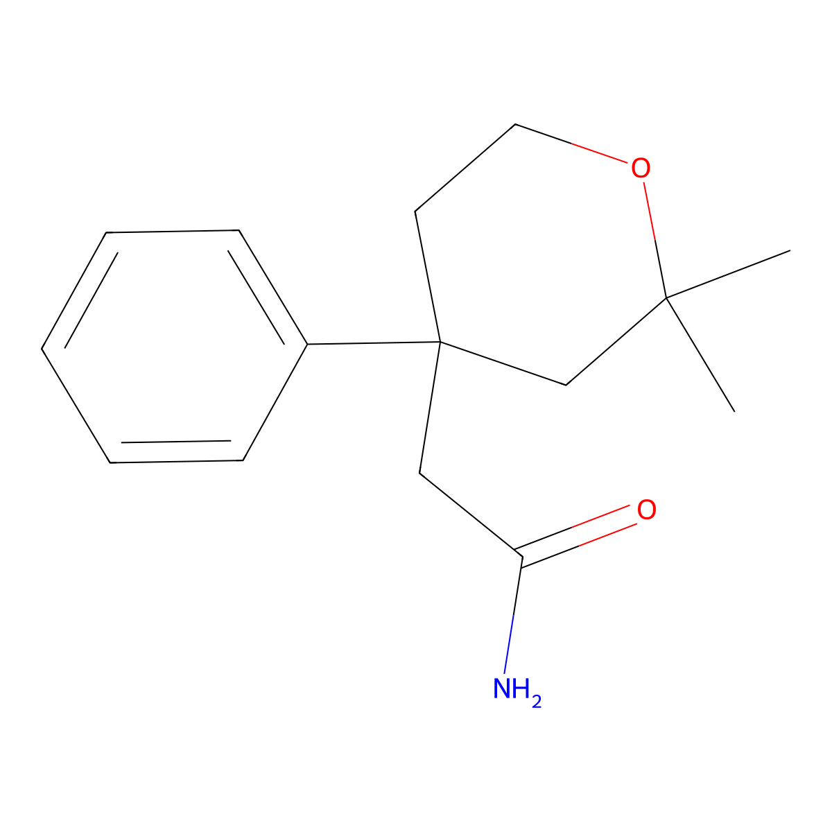 2-(2,2-dimethyl-4-phenyltetrahydro-2H-pyran-4-yl)acetamide molecular structure, CAS 130688-11-8