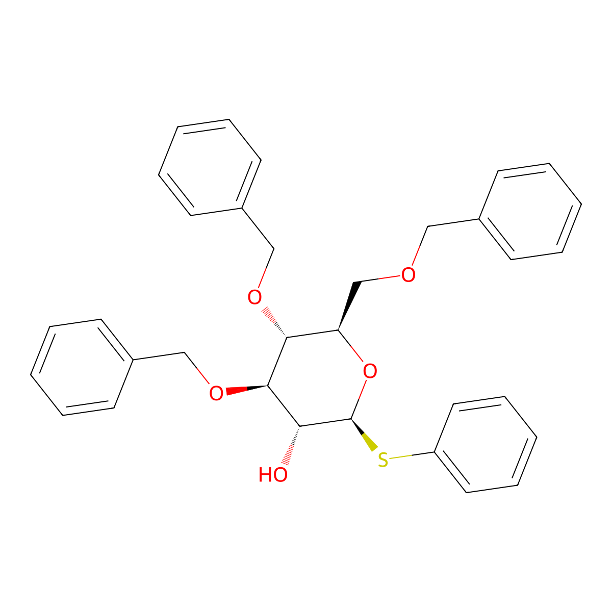 (2S,3R,4R,5R,6R)-4,5-Bis(benzyloxy)-6-((benzyloxy)methyl)-2-(phenylthio)tetrahydro-2H-pyran-3-ol molecular structure, CAS 130781-27-0