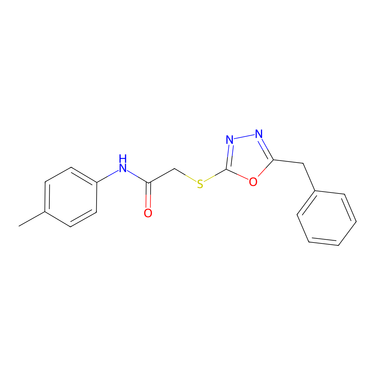 2-((5-Benzyl-1,3,4-oxadiazol-2-yl)thio)-N-(p-tolyl)acetamide molecular structure, CAS 130781-77-0