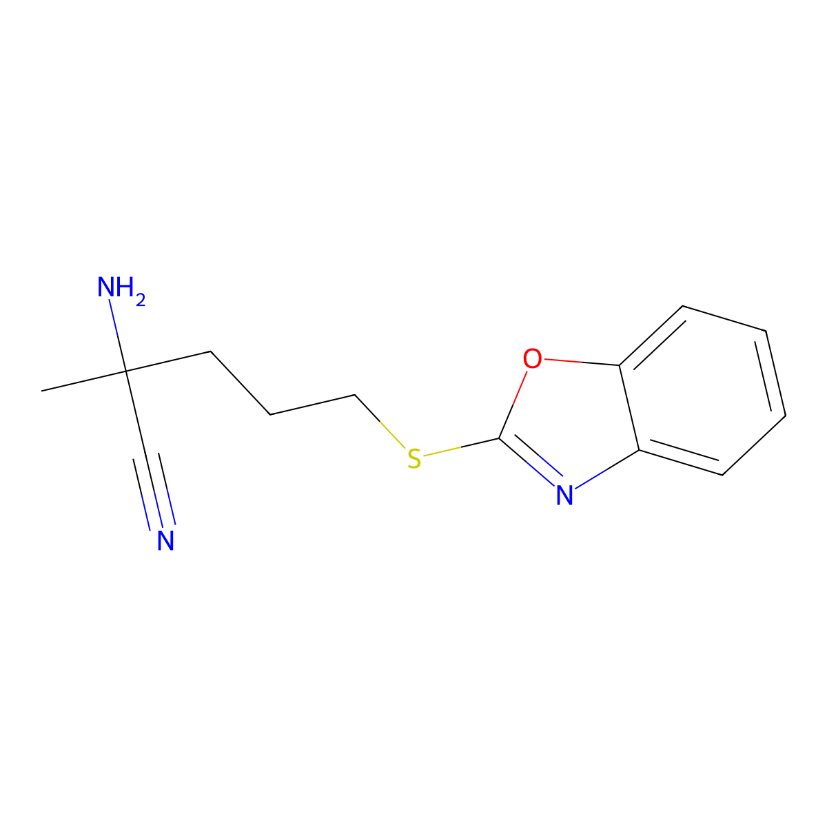 2-Amino-5-(1,3-benzoxazol-2-ylsulfanyl)-2-methylpentanenitrile molecular structure, CAS 1308025-21-9
