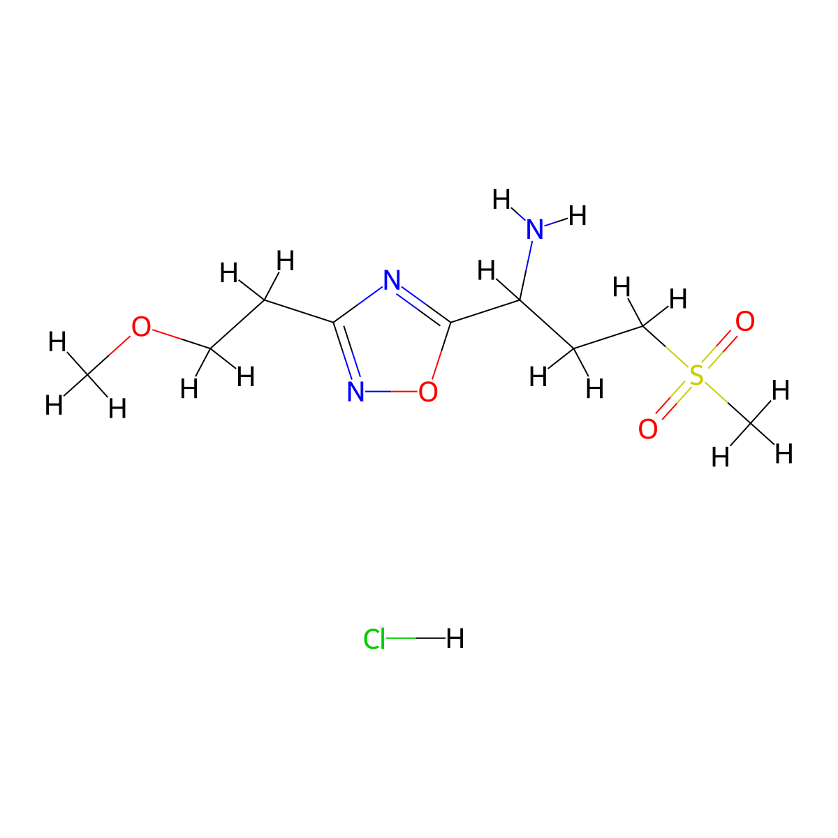 1-(3-(2-Methoxyethyl)-1,2,4-oxadiazol-5-yl)-3-(methylsulfonyl)propan-1-amine hydrochloride molecular structure, CAS 1308282-49-6