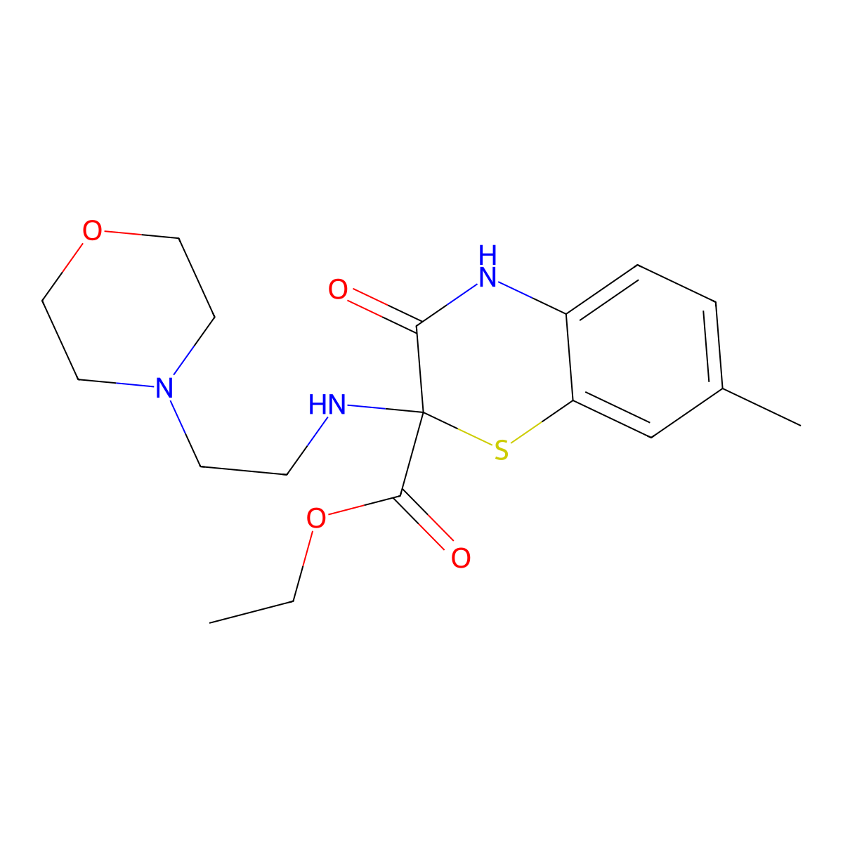 2H-1,4-Benzothiazine-2-carboxylic acid, 3,4-dihydro-7-methyl-2-((2-(4-morpholinyl)ethyl)amino)-3-oxo-, ethyl ester molecular structure, CAS 130832-82-5