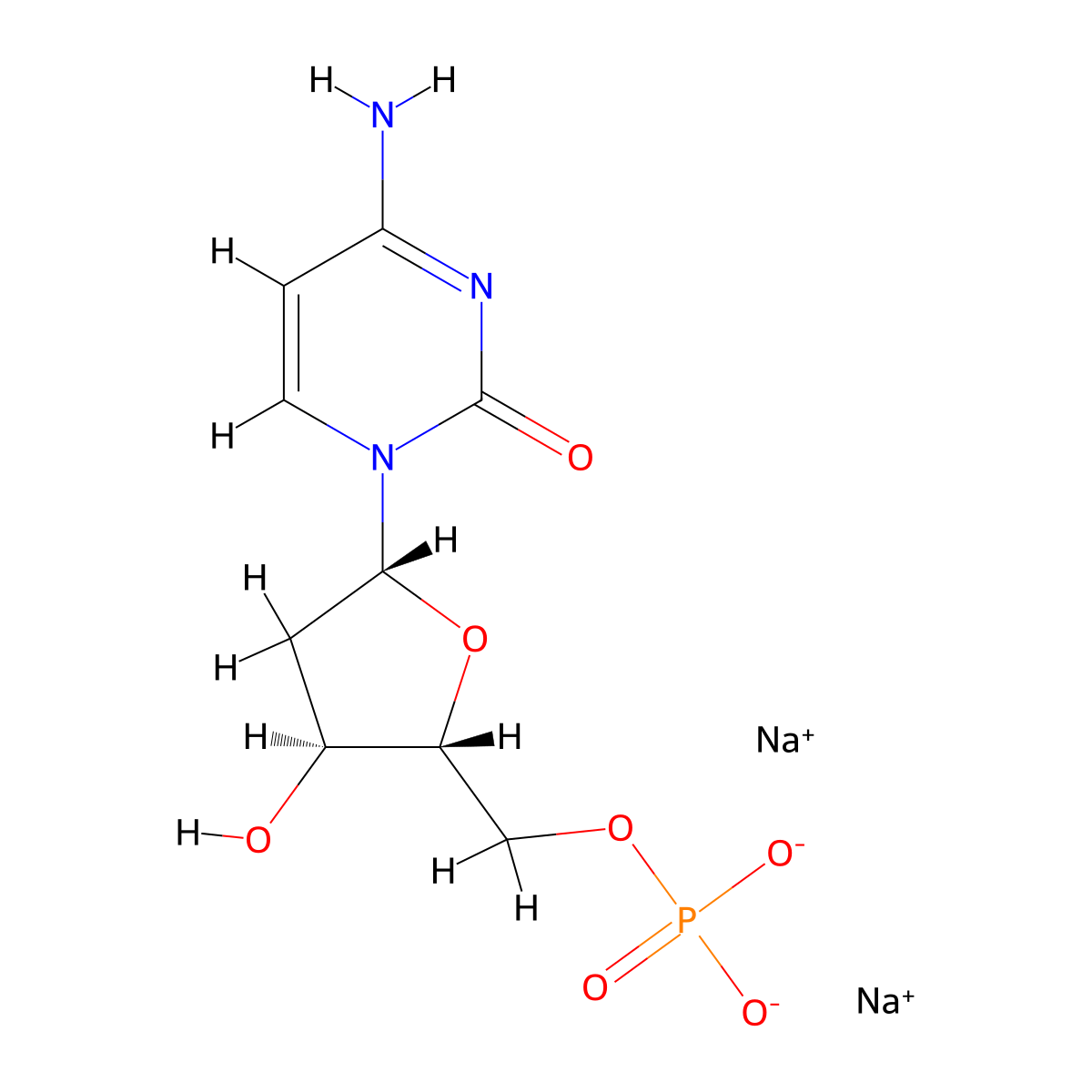 Sodium ((2R,3S,5R)-5-(4-amino-2-oxopyrimidin-1(2H)-yl)-3-hydroxytetrahydrofuran-2-yl)methyl phosphate molecular structure, CAS 13085-50-2