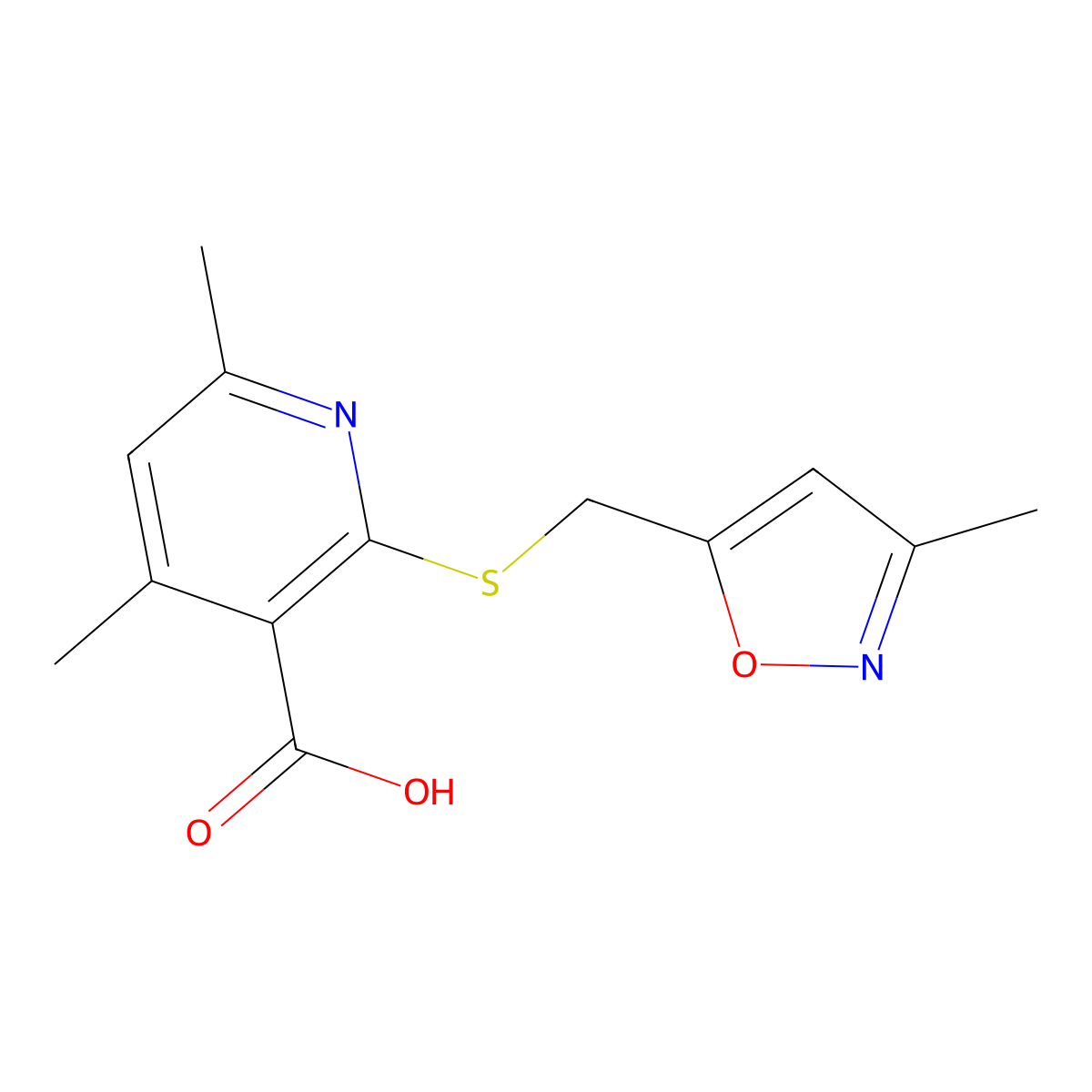 4,6-Dimethyl-2-{[(3-methyl-1,2-oxazol-5-yl)methyl]sulfanyl}pyridine-3-carboxylic acid molecular structure, CAS 1308567-17-0