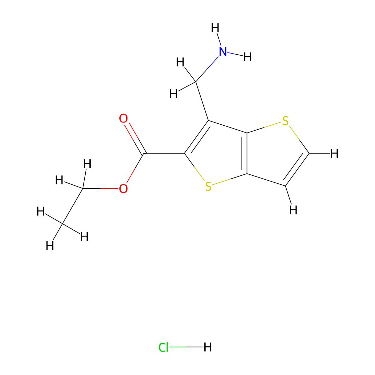 Ethyl 3-(aminomethyl)thieno[3,2-b]thiophene-2-carboxylate hydrochloride molecular structure, CAS 1308650-20-5