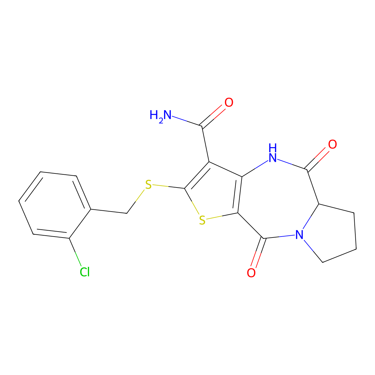 2-[(2-chlorobenzyl)sulfanyl]-5-hydroxy-10-oxo-5a,7,8,10-tetrahydro-6H-pyrrolo[1,2-a]thieno[3,2-e][1,4]diazepine-3-carboxamide molecular structure, CAS 1309094-47-0