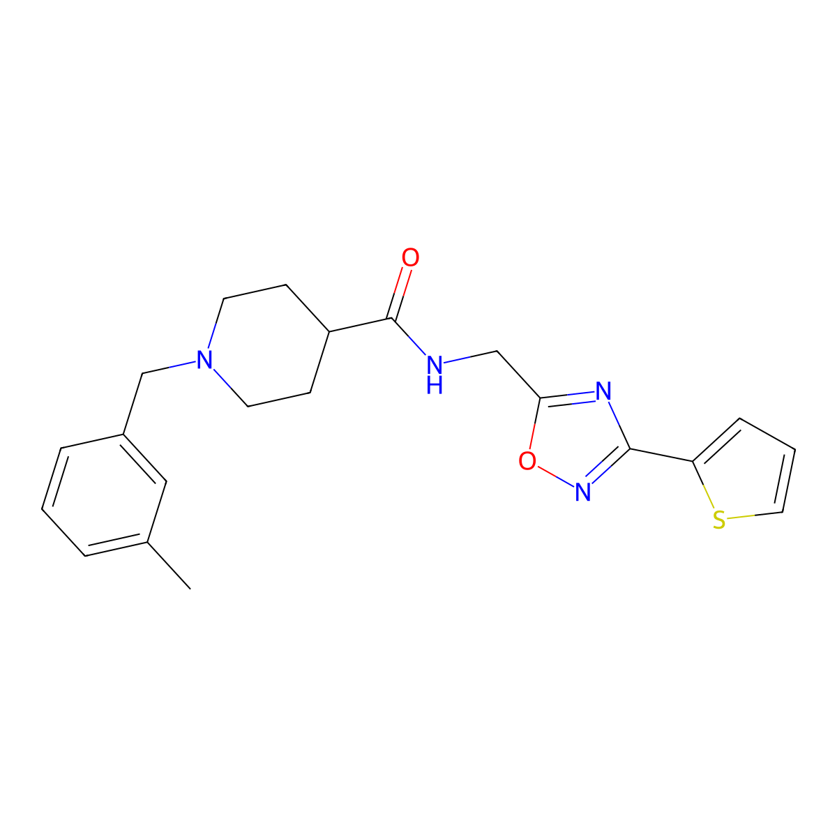 1-(3-methylbenzyl)-N-{[3-(thiophen-2-yl)-1,2,4-oxadiazol-5-yl]methyl}piperidine-4-carboxamide molecular structure, CAS 1309209-53-7