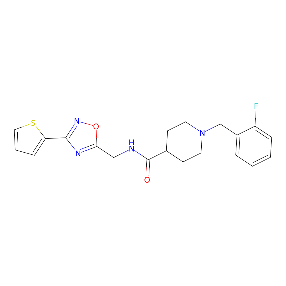 1-(2-fluorobenzyl)-N-{[3-(thiophen-2-yl)-1,2,4-oxadiazol-5-yl]methyl}piperidine-4-carboxamide molecular structure, CAS 1309258-62-5