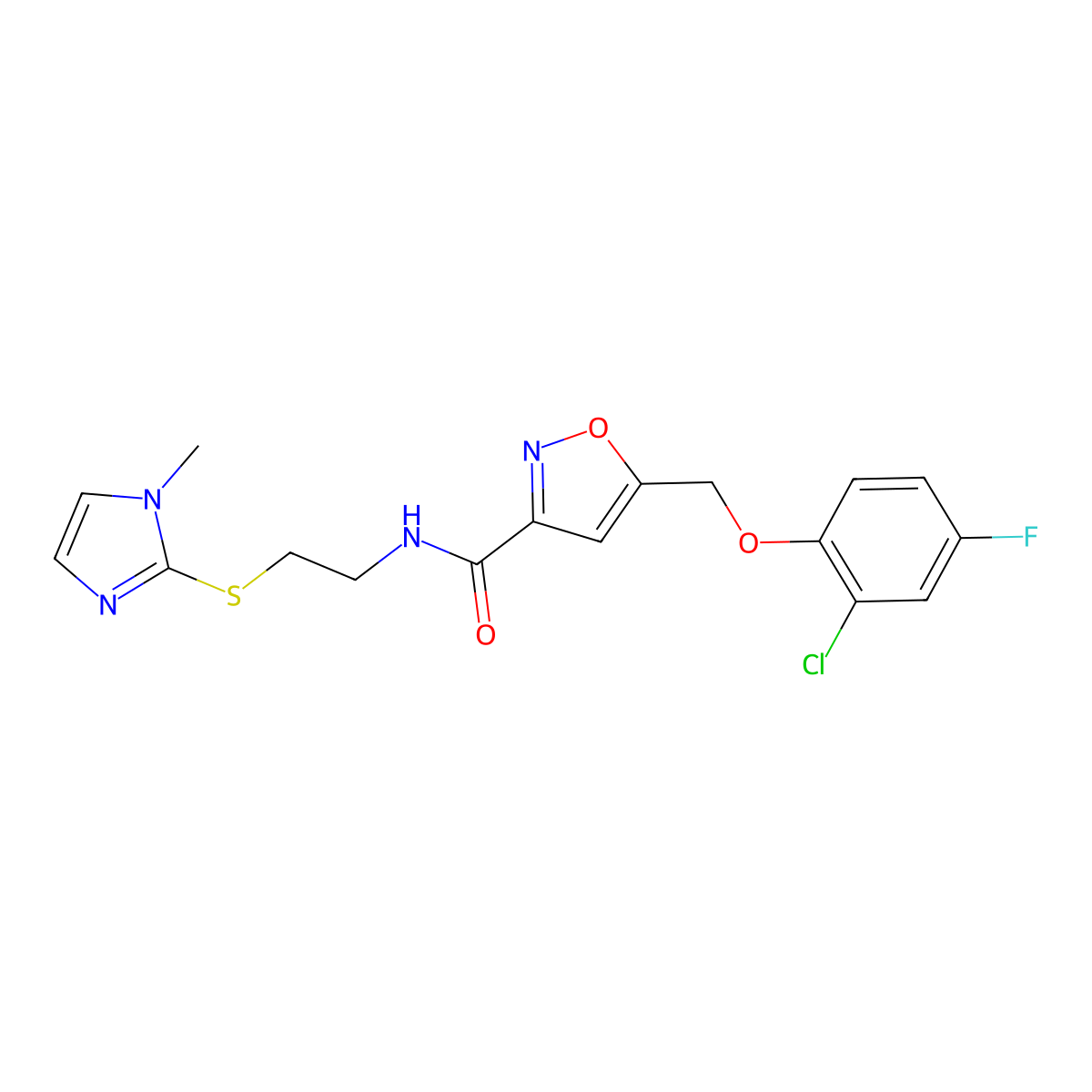 3-Isoxazolecarboxamide, 5-[(2-chloro-4-fluorophenoxy)methyl]-N-[2-[(1-methyl-1H-imidazol-2-yl)thio]ethyl]- molecular structure, CAS 1309268-55-0