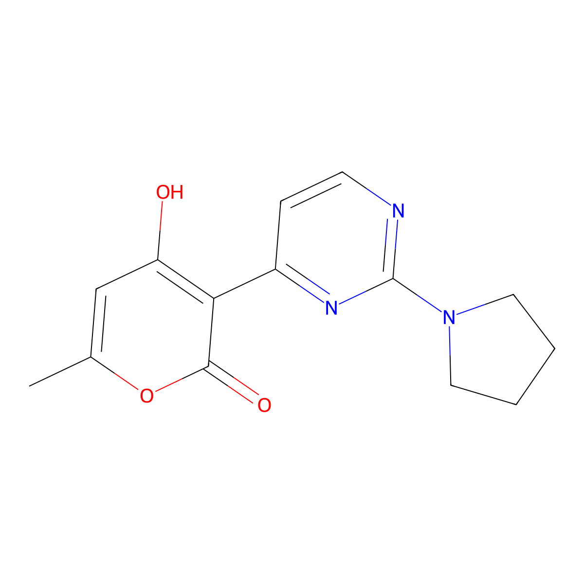 4-hydroxy-6-methyl-3-(2-(pyrrolidin-1-yl)pyrimidin-4-yl)-2H-pyran-2-one molecular structure, CAS 1309282-11-8