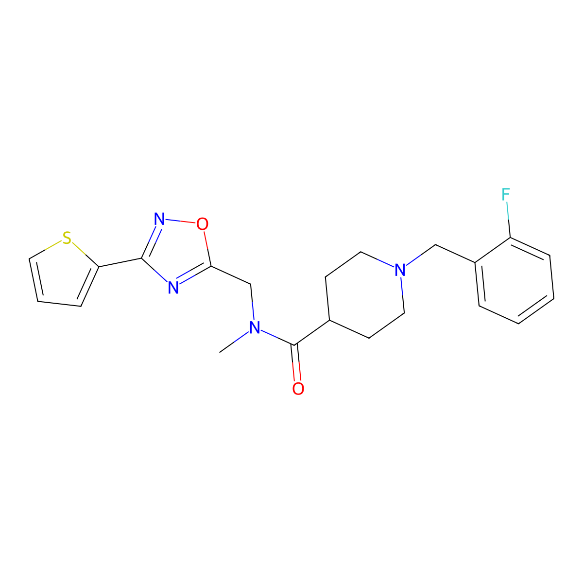 1-(2-fluorobenzyl)-N-methyl-N-{[3-(thiophen-2-yl)-1,2,4-oxadiazol-5-yl]methyl}piperidine-4-carboxamide molecular structure, CAS 1309323-53-2