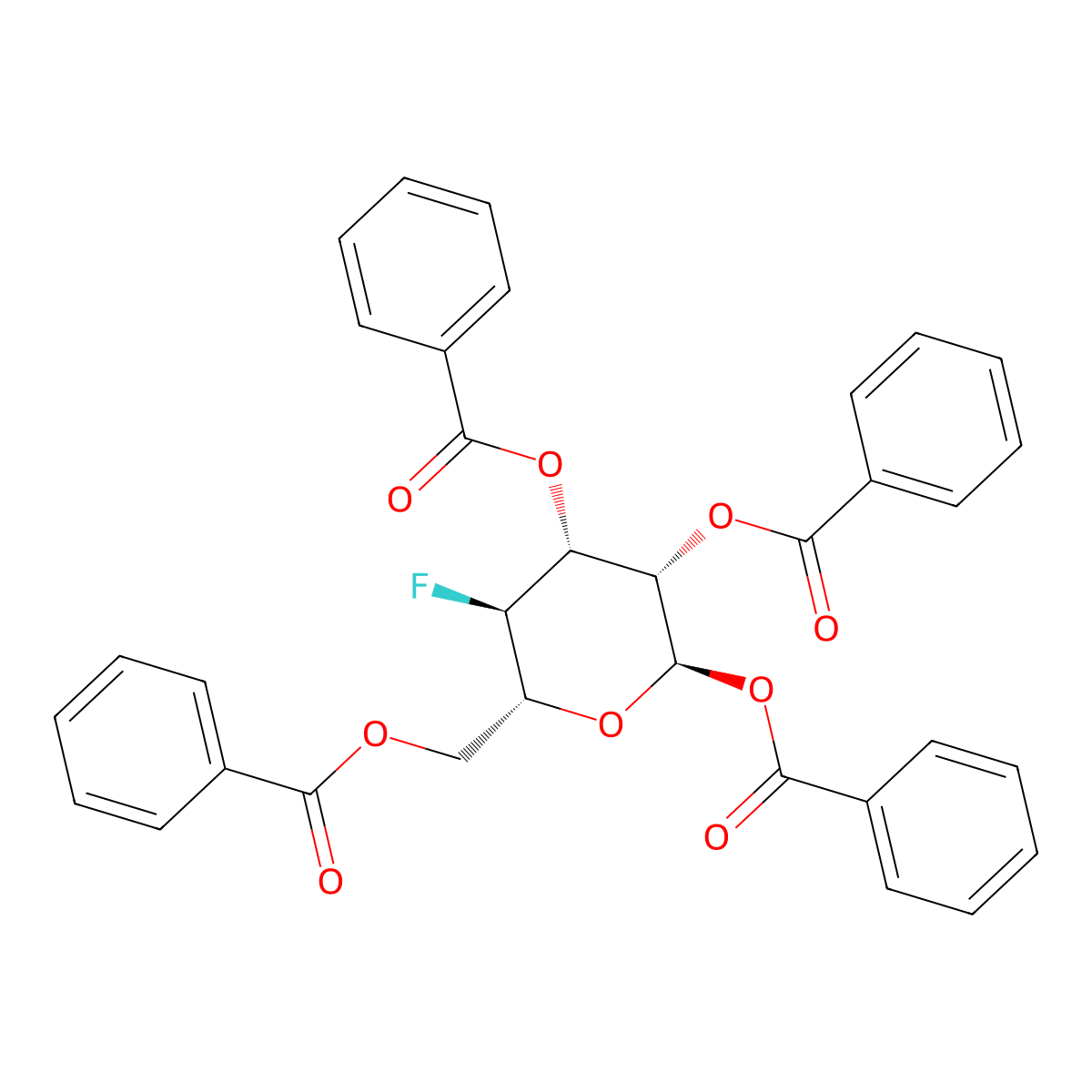 1,2,3,6-Tetra-O-benzoyl-4-deoxy-4-fluoro-alpha-D-mannopyranose molecular structure, CAS 1309463-38-4