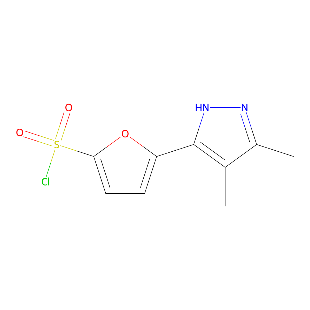 5-(3,4-dimethyl-1H-pyrazol-5-yl)-2-furansulfonyl chloride molecular structure, CAS 1309671-79-1